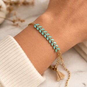 Bracelet Turquoise Enamel Evil Eye Gold Tone Adjustable Tassel Boho Protection